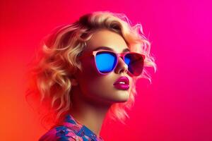 ai généré studio portrait de magnifique Jeune blond femme dans des lunettes de soleil sur différent Couleur Contexte photo