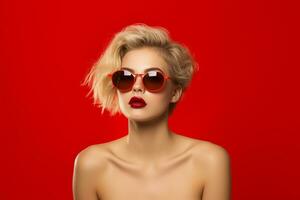 ai généré studio portrait de magnifique Jeune blond femme dans des lunettes de soleil sur différent Couleur Contexte photo