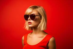 ai généré studio portrait de magnifique Jeune blond femme dans des lunettes de soleil sur différent Couleur Contexte photo