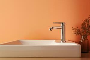 une élégant minimaliste salle de bains évier et robinet isolé sur une beige pente Contexte photo
