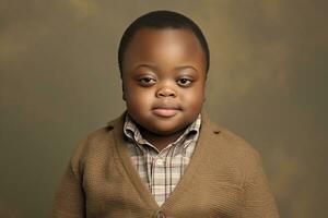 ai généré studio portrait de mignonne peu garçon avec vers le bas syndrome sur différent couleurs Contexte photo