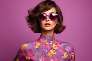 ai généré studio portrait de une magnifique Jeune brunette femme dans des lunettes de soleil photo