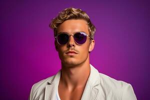 ai généré studio portrait de Beau blond homme dans des lunettes de soleil sur différent couleurs Contexte photo