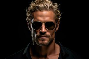 ai généré studio portrait de Beau blond homme dans des lunettes de soleil sur différent couleurs Contexte photo