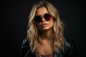 ai généré studio portrait de magnifique Jeune blond femme dans des lunettes de soleil sur différent Couleur Contexte photo