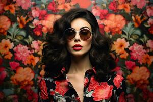 ai généré studio portrait de une magnifique Jeune brunette femme dans des lunettes de soleil photo