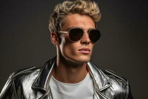 ai généré studio portrait de Beau blond homme dans des lunettes de soleil sur différent couleurs Contexte photo