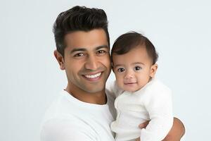 ai généré studio portrait de Beau homme en portant bébé bébé dans le sien mains sur différent Couleur Contexte photo