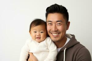 ai généré studio portrait de Beau homme en portant bébé bébé dans le sien mains sur différent Couleur Contexte photo