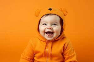 ai généré studio portrait de mignonne peu bébé enfant de différent nationalités sur différent couleurs Contexte photo