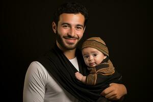 ai généré studio portrait de Beau homme en portant bébé bébé dans le sien mains sur différent Couleur Contexte photo