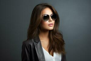 ai généré studio portrait de une magnifique Jeune brunette femme dans des lunettes de soleil photo