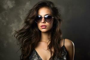 ai généré studio portrait de une magnifique Jeune brunette femme dans des lunettes de soleil photo