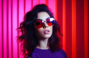 ai généré studio portrait de une magnifique Jeune brunette femme dans des lunettes de soleil photo