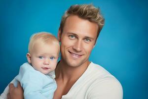 ai généré studio portrait de Beau homme en portant bébé bébé dans le sien mains sur différent Couleur Contexte photo