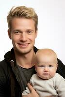 ai généré studio portrait de Beau homme en portant bébé bébé dans le sien mains sur différent Couleur Contexte photo