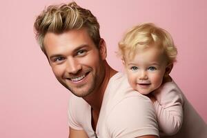 ai généré studio portrait de Beau homme en portant bébé bébé dans le sien mains sur différent Couleur Contexte photo