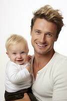 ai généré studio portrait de Beau homme en portant bébé bébé dans le sien mains sur différent Couleur Contexte photo