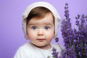 ai généré studio portrait de mignonne peu bébé enfant de différent nationalités sur différent couleurs Contexte photo