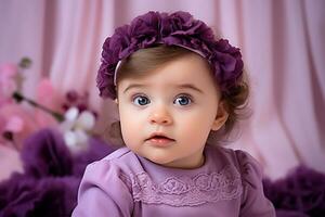 ai généré studio portrait de mignonne peu bébé enfant de différent nationalités sur différent couleurs Contexte photo