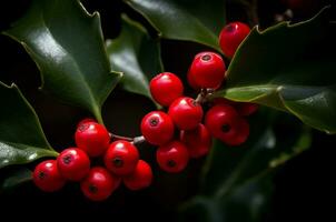 rouge houx baies branche avec vert feuilles. produire ai photo