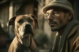 élégant homme avec des lunettes posant avec le sien chien. produire ai photo