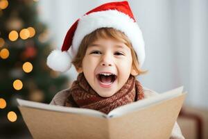 excité enfant en chantant Noël chants de Noël isolé sur une blanc Contexte photo