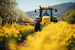 biocarburant alimenté tracteur dans épanouissement ferme champ photo