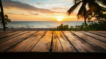 en bois table avec une Contexte de une tropical plage à le coucher du soleil photo