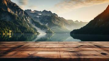 en bois table avec une Contexte de une brumeux fjord à lever du soleil photo