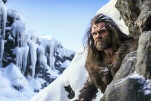 Homme des cavernes surmonter une dur hiver dans le la glace âge photo