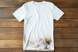 une blanc T-shirt mensonges sur une en bois Contexte avec une sale tache. généré par artificiel intelligence photo