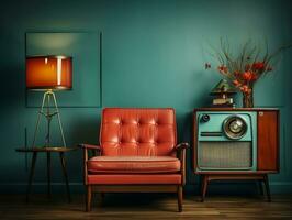 ancien la télé dans une vieux vivant pièce avec canapé et bronzer chaise ai génératif photo