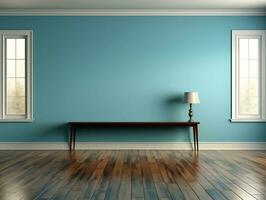 vide bleu pièce avec bois sol et fenêtre ai génératif photo