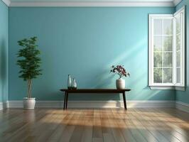vide bleu pièce avec bois sol et fenêtre ai génératif photo