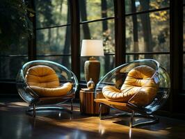 futuriste deux chaises dans une pièce par gros les fenêtres ai génératif photo