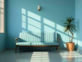 moderne vide bleu pièce avec une banc et rayons de soleil éclat ai génératif photo