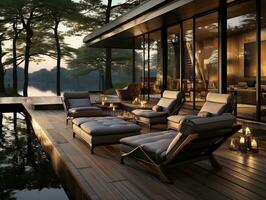 luxueux Accueil avec une patio ensemble meubles sur une en bois plate-forme ai génératif photo