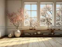 blanc des murs vide pièce avec les plantes et les fenêtres ai génératif photo