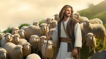 Jésus Christ, le bien berger et mouton à vert colline. ai génératif photo