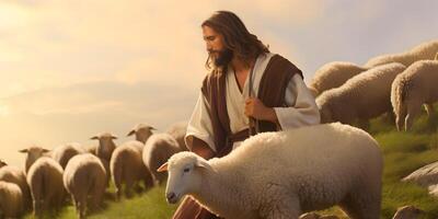 Jésus Christ, le bien berger et mouton à vert colline. ai génératif photo