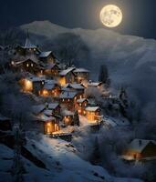 Maisons dans le montagnes à nuit avec plein lune dans l'hiver. ai généré photo