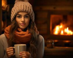 portrait de une magnifique Jeune femme dans une tricoté chapeau et écharpe en portant une tasse de chaud thé près le cheminée. ai généré photo