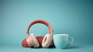 rose écouteurs, tricoté chapeau et café tasse sur bleu Contexte. photo