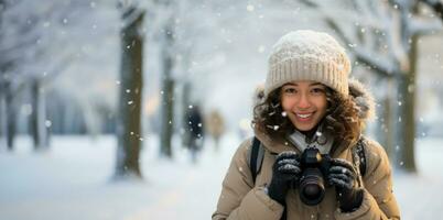enthousiaste photographe captivé par le serein beauté de une neigeux journée photo