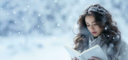 contenu la personne en train de lire au milieu de serein chute de neige Contexte avec vide espace pour texte photo