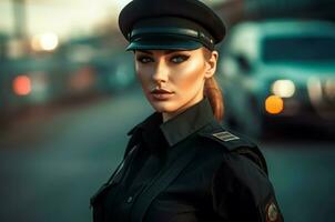 sexy femme police uniforme rue portrait. produire ai photo