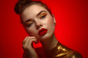 magnifique sensuel Jeune femme avec rouge lèvres sur rouge Contexte. produire ai photo