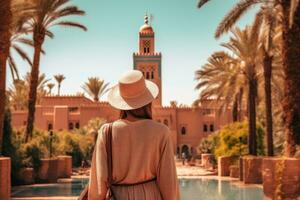 Jeune femme dans une paille chapeau sur le Contexte de le ville de marrakech, Maroc, arrière vue de une femme à la recherche à koutoubia mosquée minaret-tourisme dans marrakech, Maroc, ai généré photo