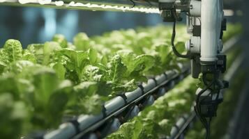 proche en haut automatique agricole La technologie avec de robotique bras récolte salade dans verticale hydroponique plante. génératif ai photo